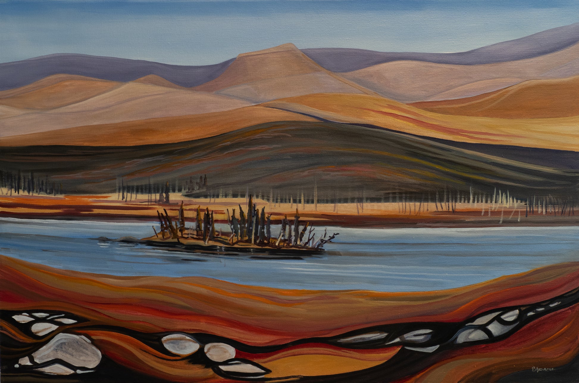 A landscape painting of mountains and water in Inuvik.