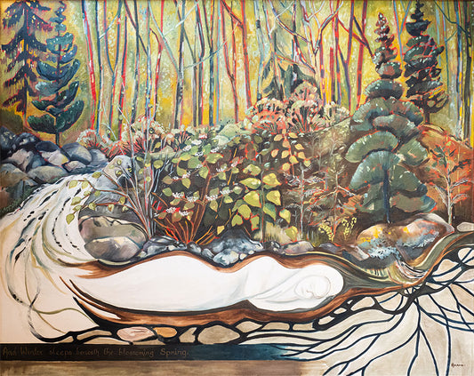 An image of a woman in white sleeping beneath the ground, against a winter landscape.