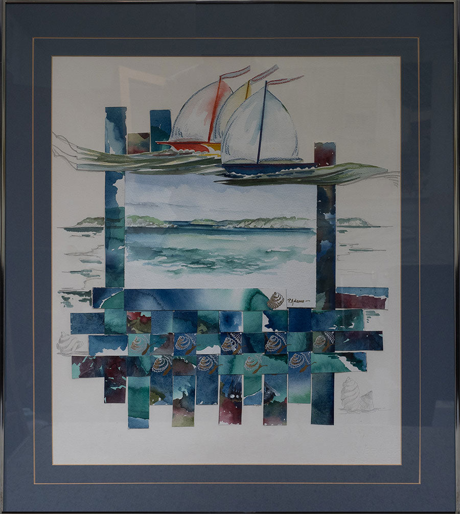 A mixed media image of sailboats with a nautical theme.
