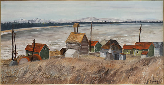 A landscape painting featuring houses in the foreground and mountains in the rear. 