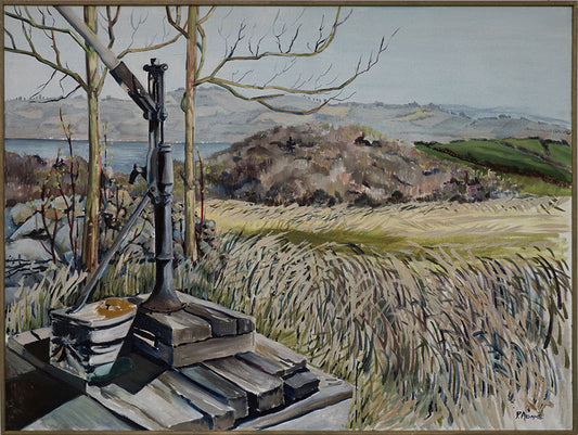 A painting of an old fashioned water pump in front of a wild natural landscape.