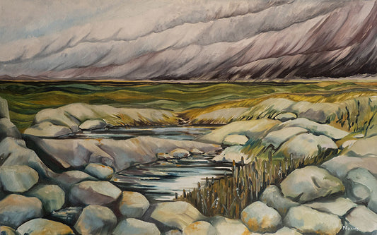 A painting of a rocky field with a stream. A storm blows away on the horizon.
