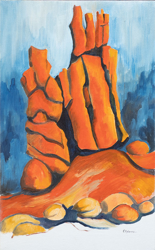 A painting of standing red rocks.