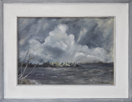 A framed and matted painting of grey stormclouds raining on grey water.