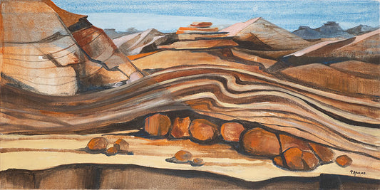 A landscape painting showing ancient reddish rock strata.