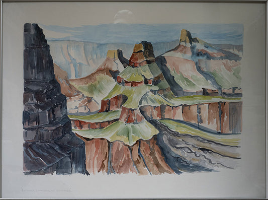A framed watercolour painting of the Grand Canyon
