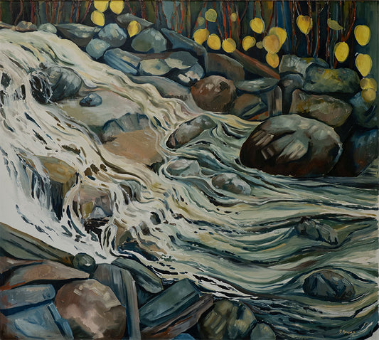 A detailed painting of a rocky stream in a forest.