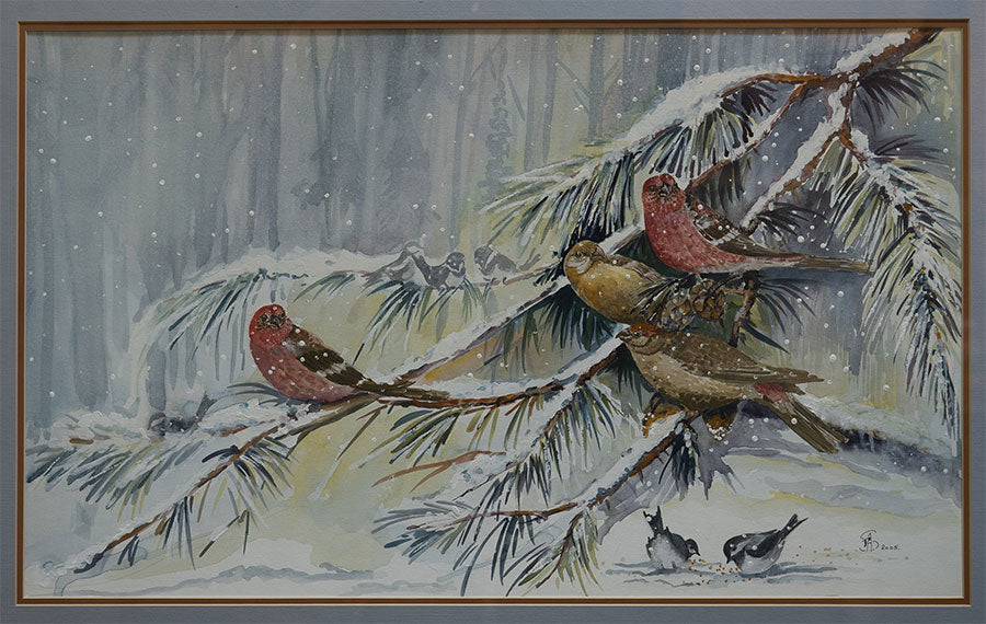 A framed and matted painting of red and gold birds on a snowy tree limb.